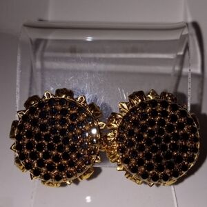 Vintage Earrings Black Glass Clip-on Pave Set‎ Stones RARE Sunflower Center Look